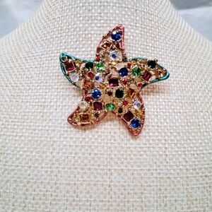 Vintage Sparkling Star Brooch Pin Multicolor Stones Starfish Colorful Whimsical